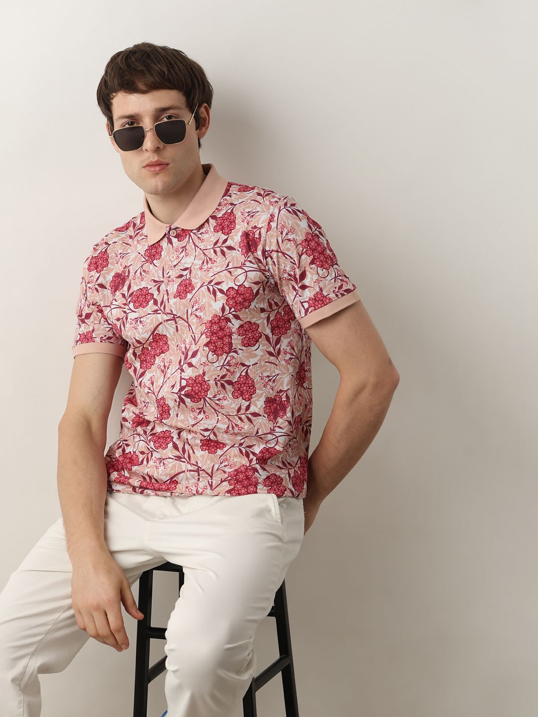 Pink Floral Print Polo T-Shirt