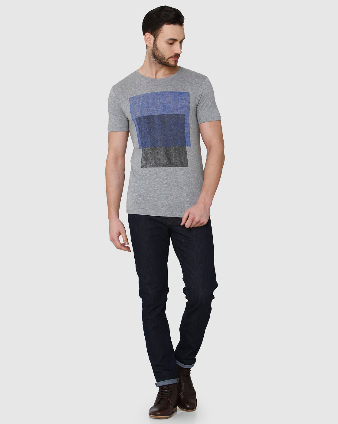 Grey Printed Crew Neck T-Shirt