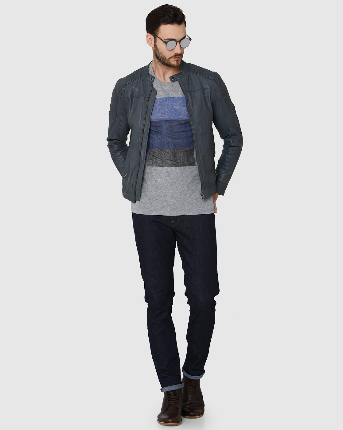 Grey Printed Crew Neck T-Shirt