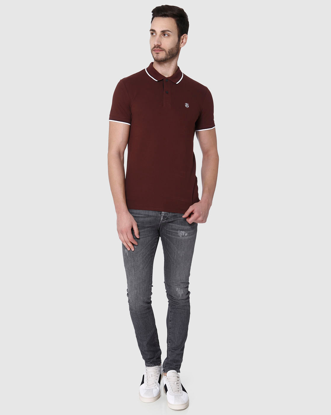 Burgundy Contrast Tipping Polo Neck T-Shirt