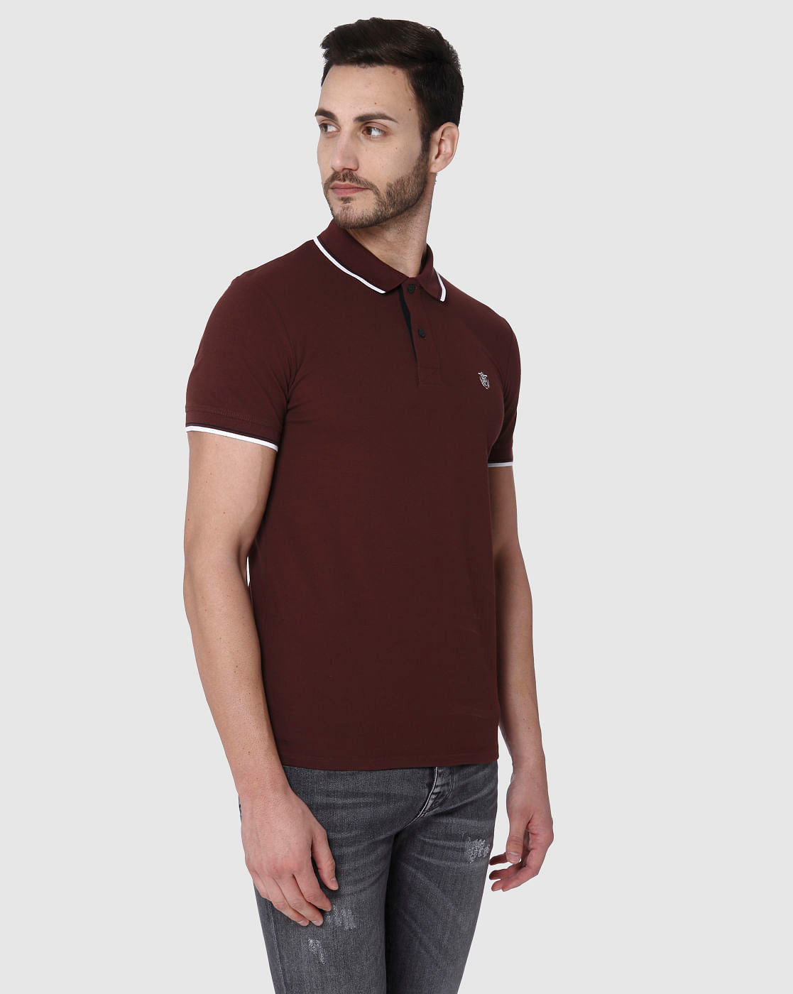 Burgundy Contrast Tipping Polo Neck T-Shirt