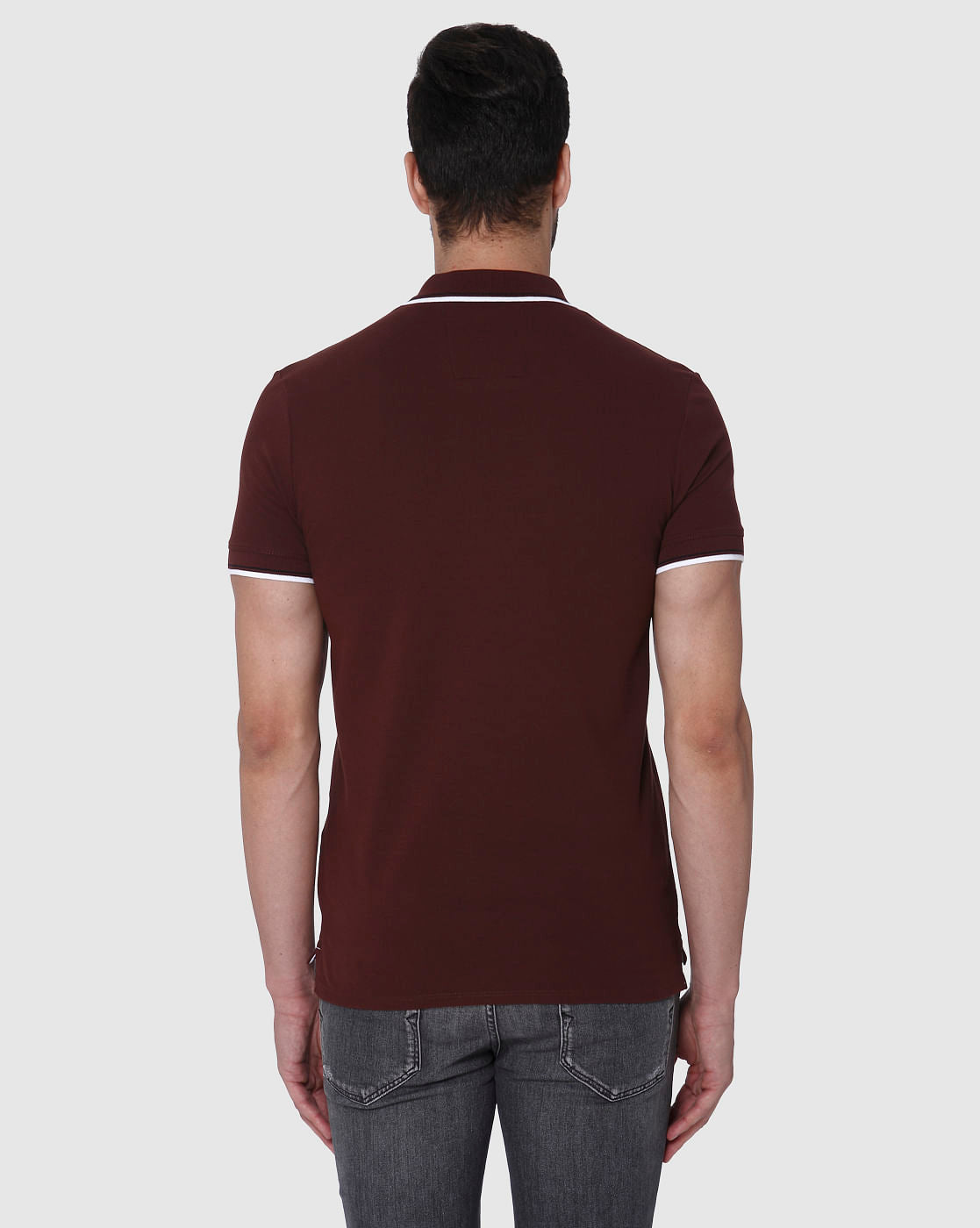 Burgundy Contrast Tipping Polo Neck T-Shirt