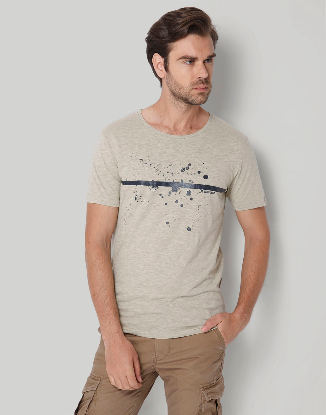 Beige Printed Crew Neck T-Shirt