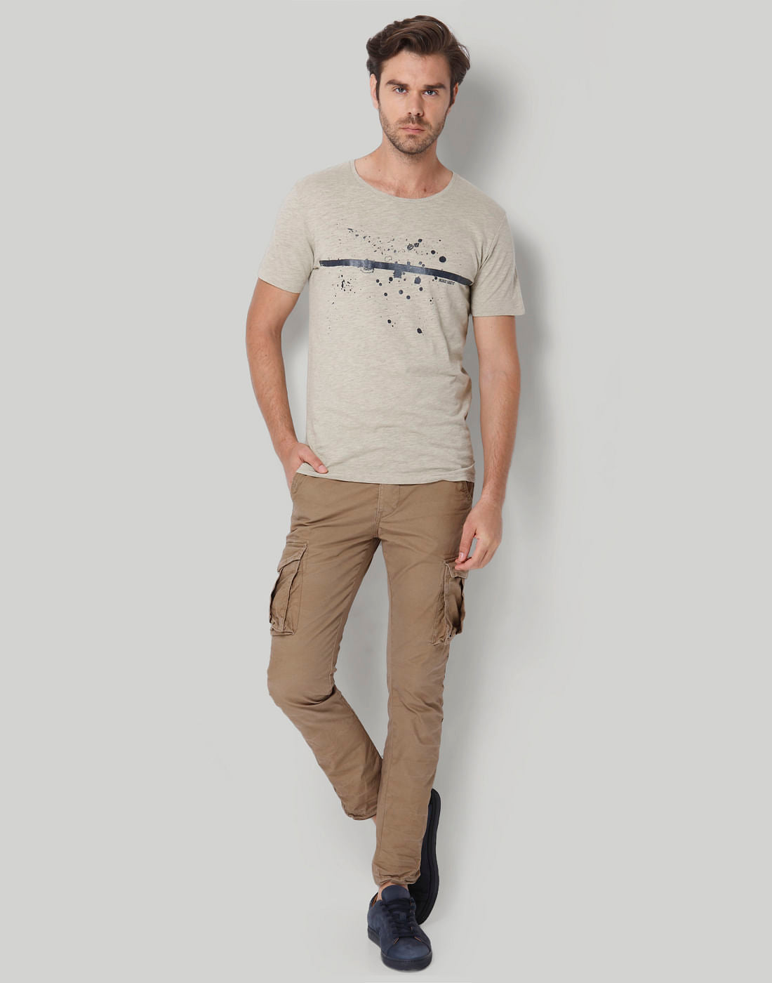 Beige Printed Crew Neck T-Shirt