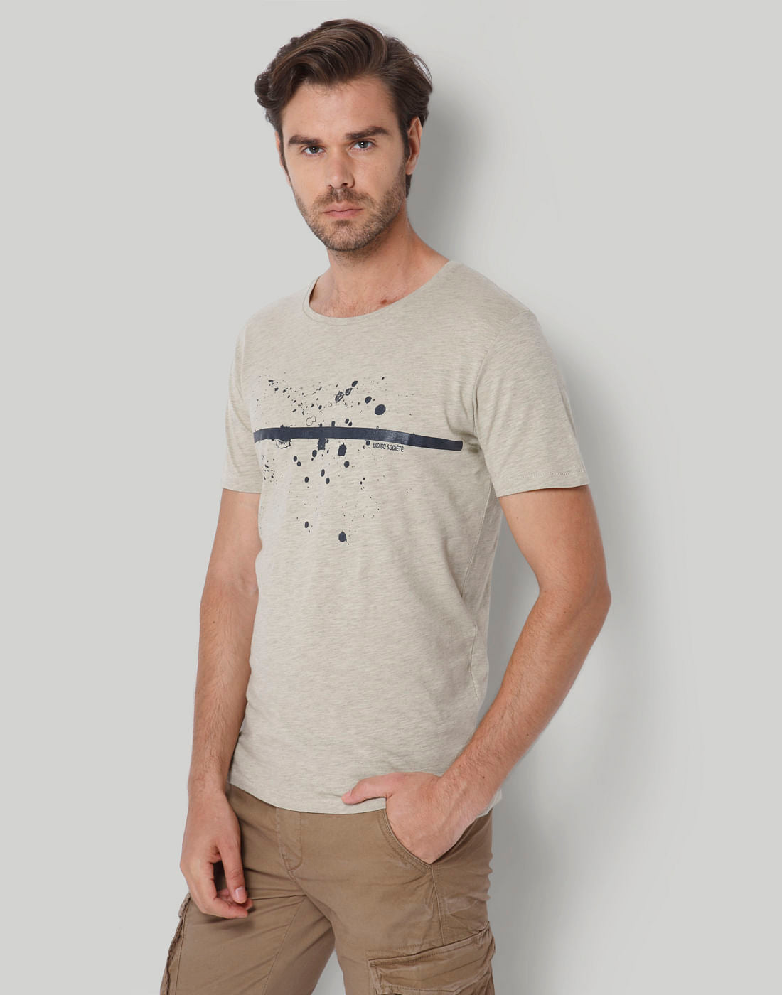 Beige Printed Crew Neck T-Shirt
