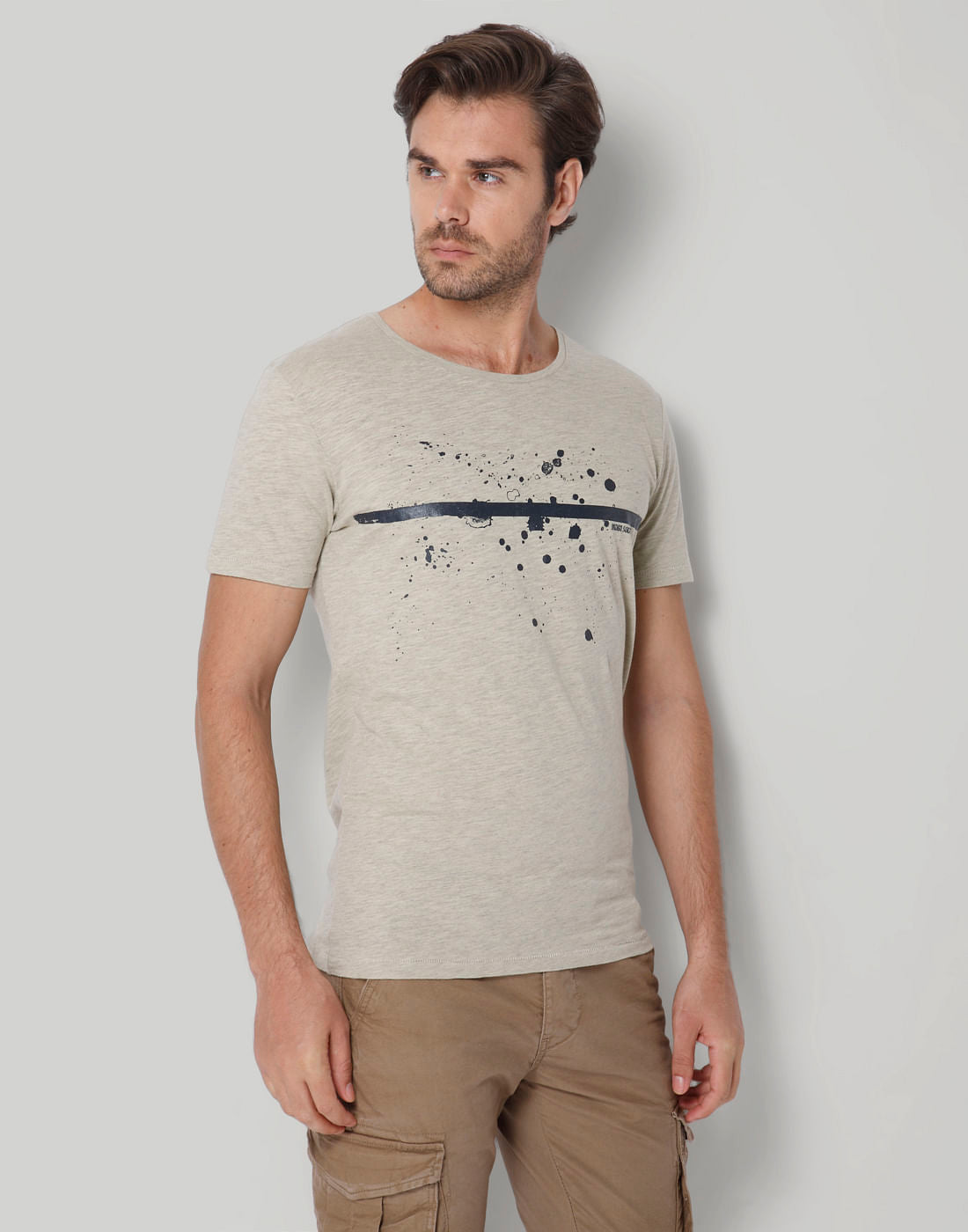 Beige Printed Crew Neck T-Shirt
