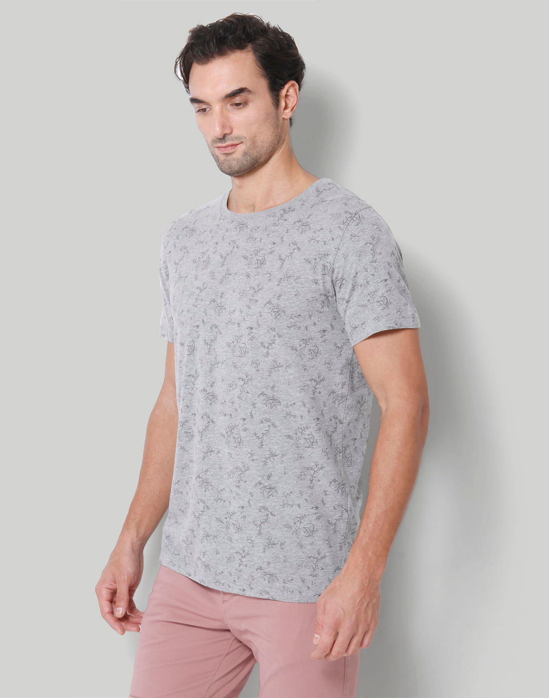 Grey Floral Print Crew Neck T-Shirt