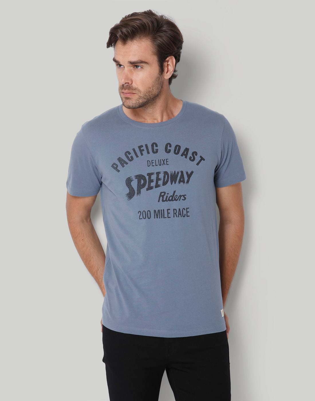 Blue Printed Crew Neck T-Shirt