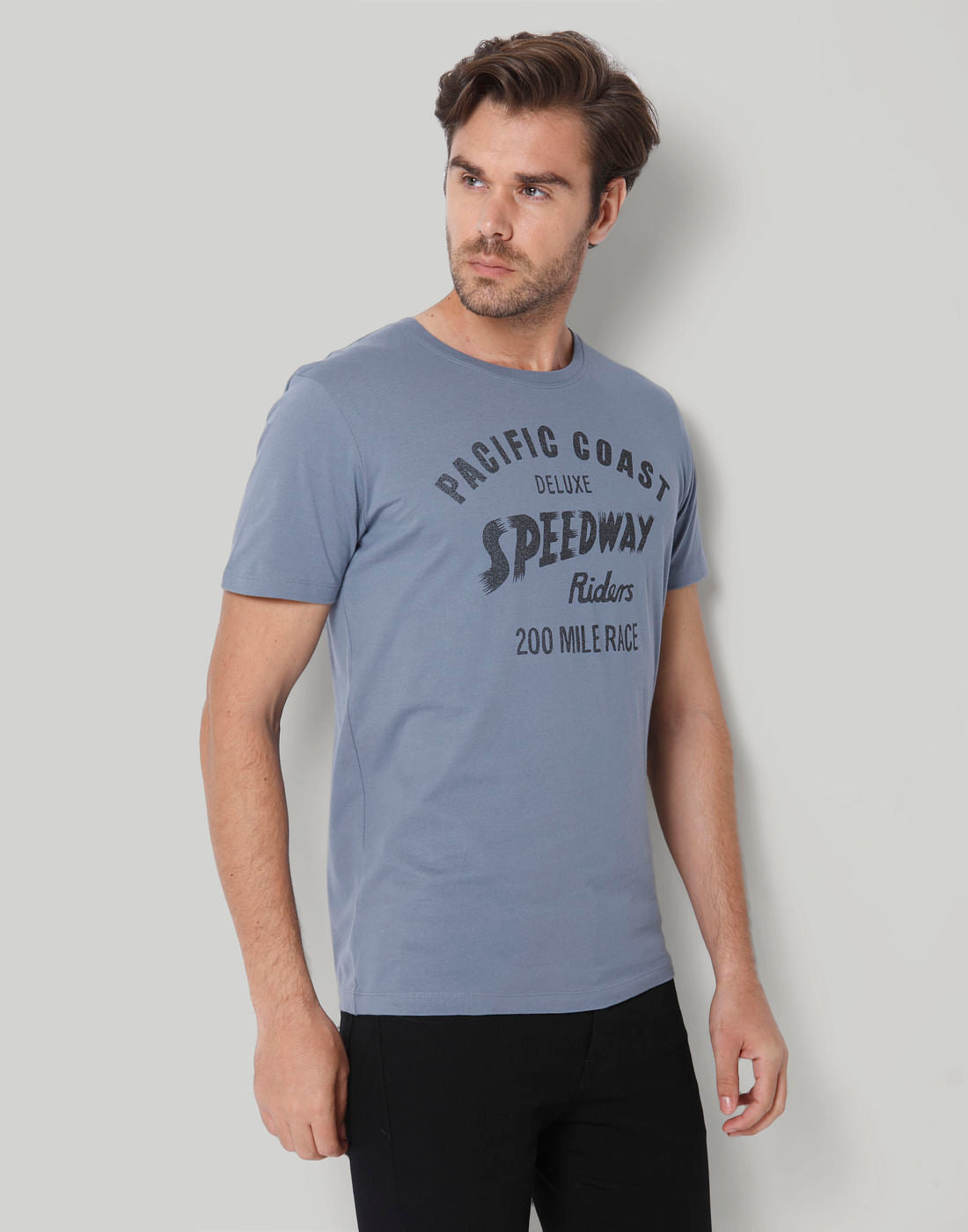 Blue Printed Crew Neck T-Shirt