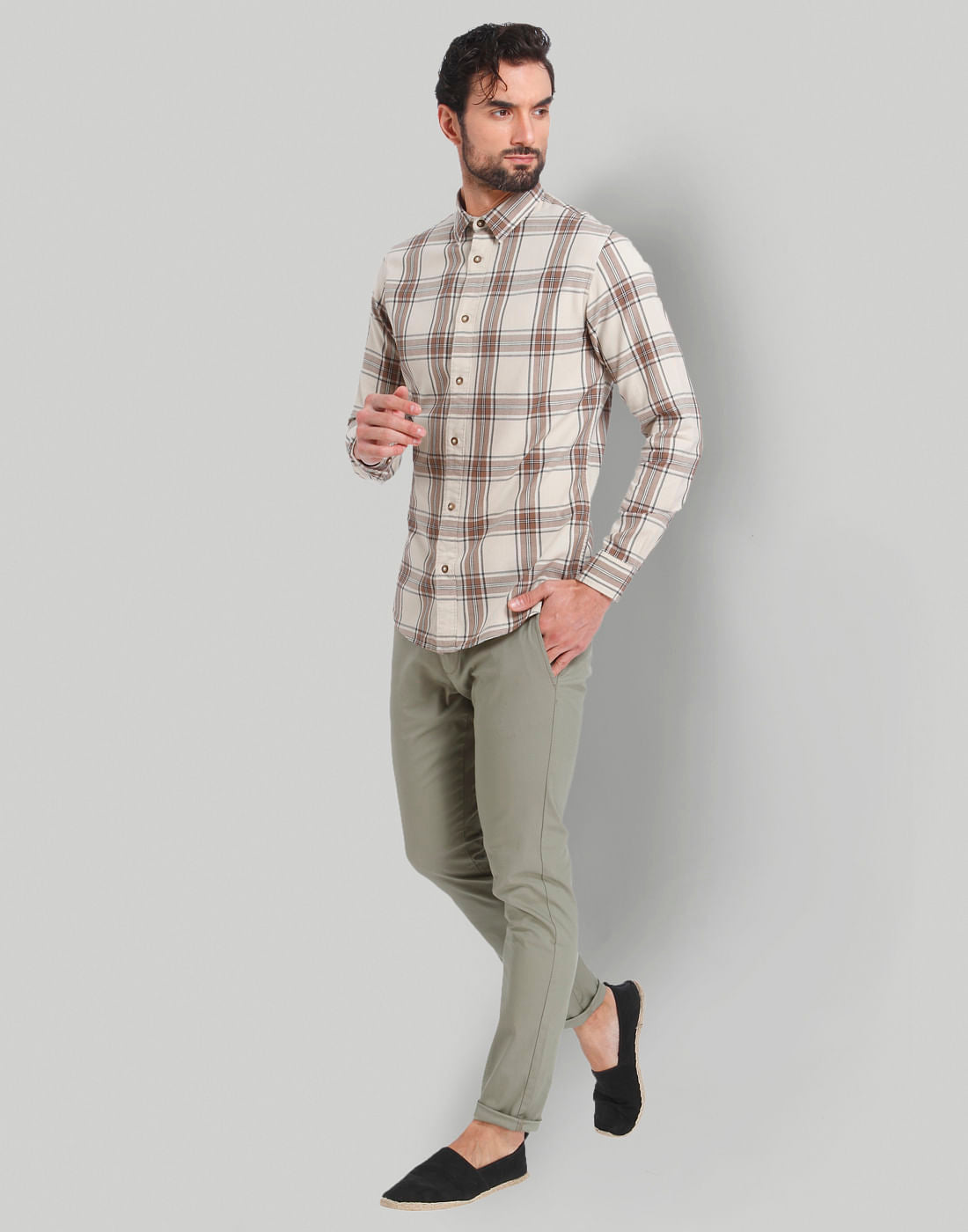 Cream Check Full Sleeves Shirt