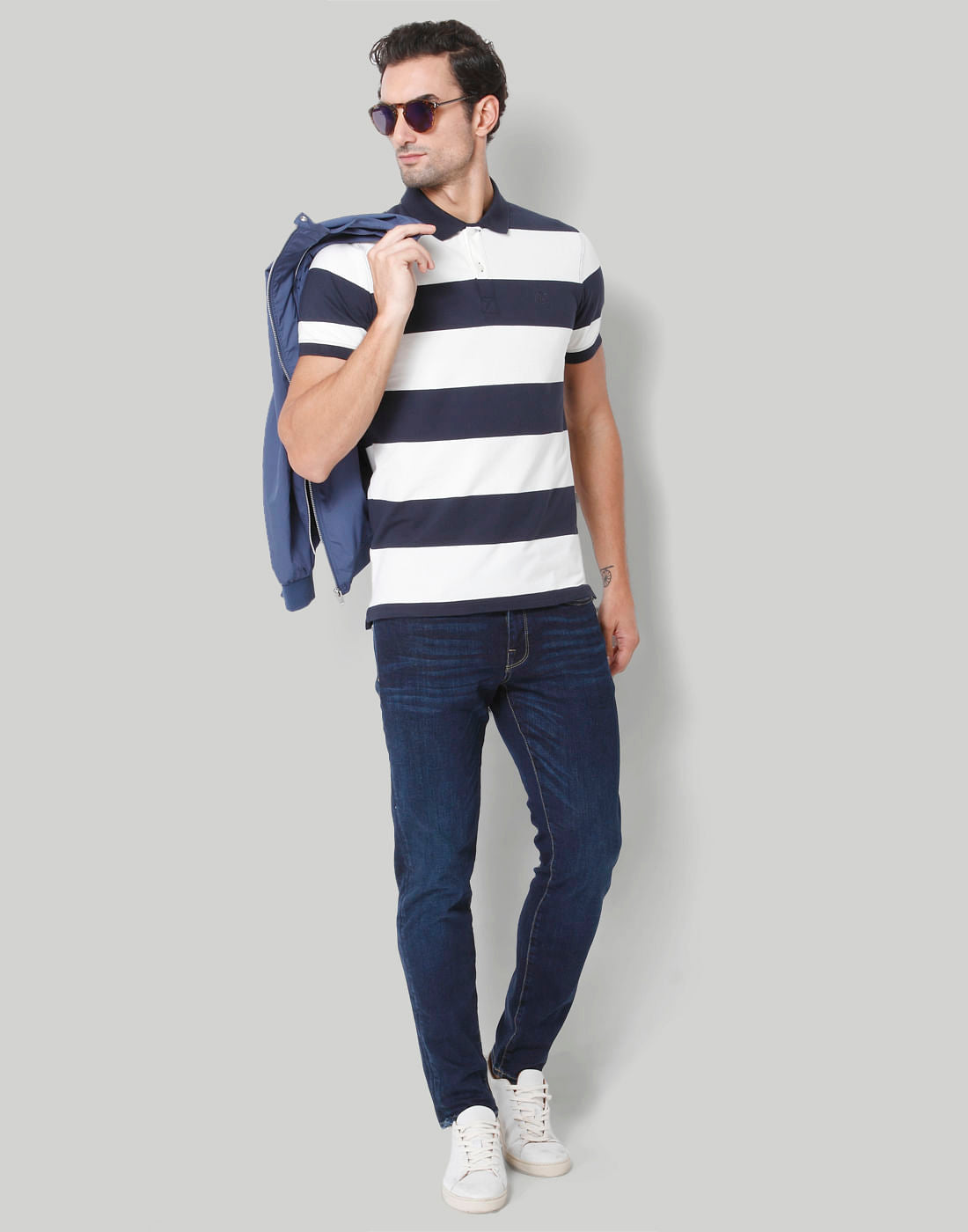 Blue Colourblocked Polo Neck T-Shirt