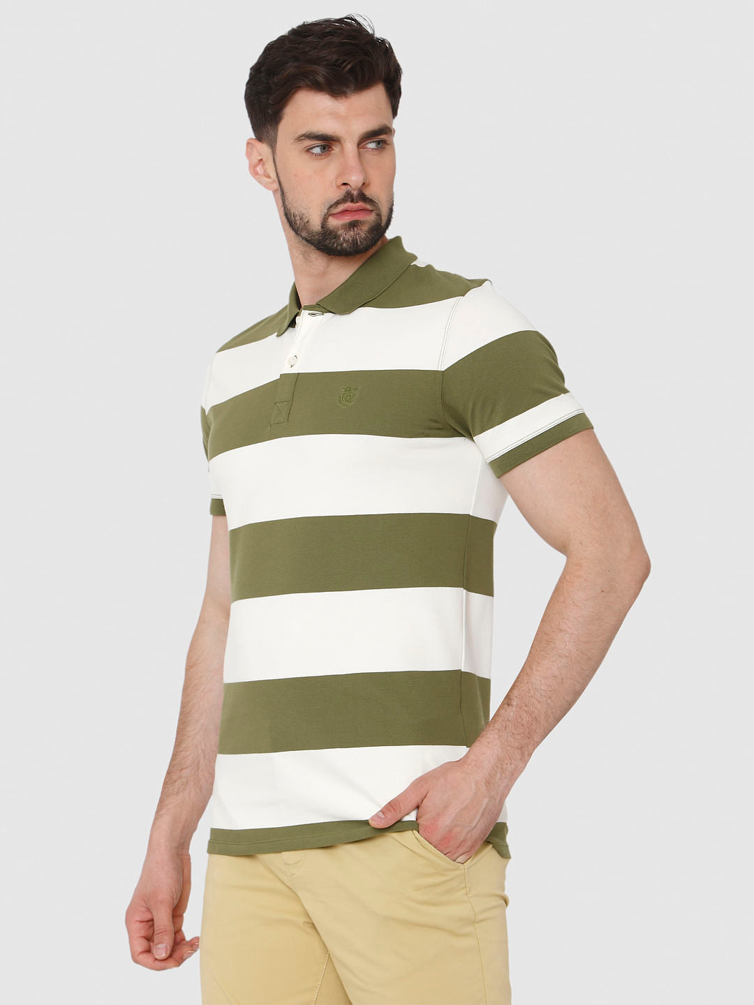 Green Striped Polo Neck T-Shirt
