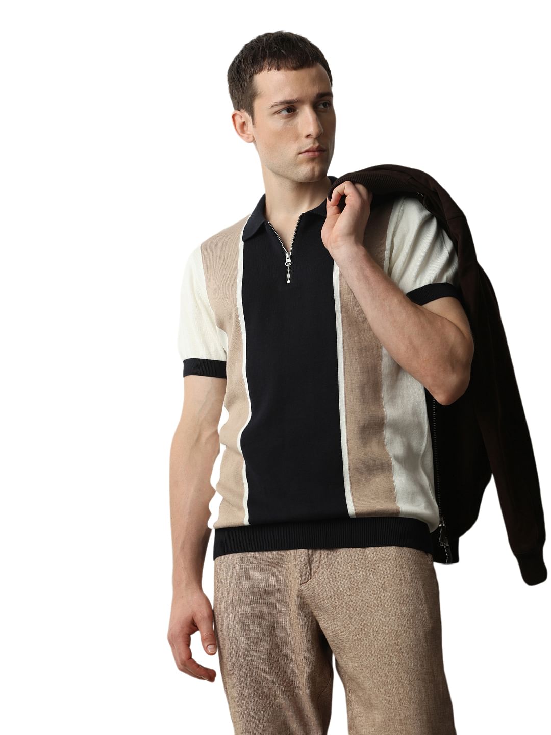 Beige Colourblocked Knitted Polo