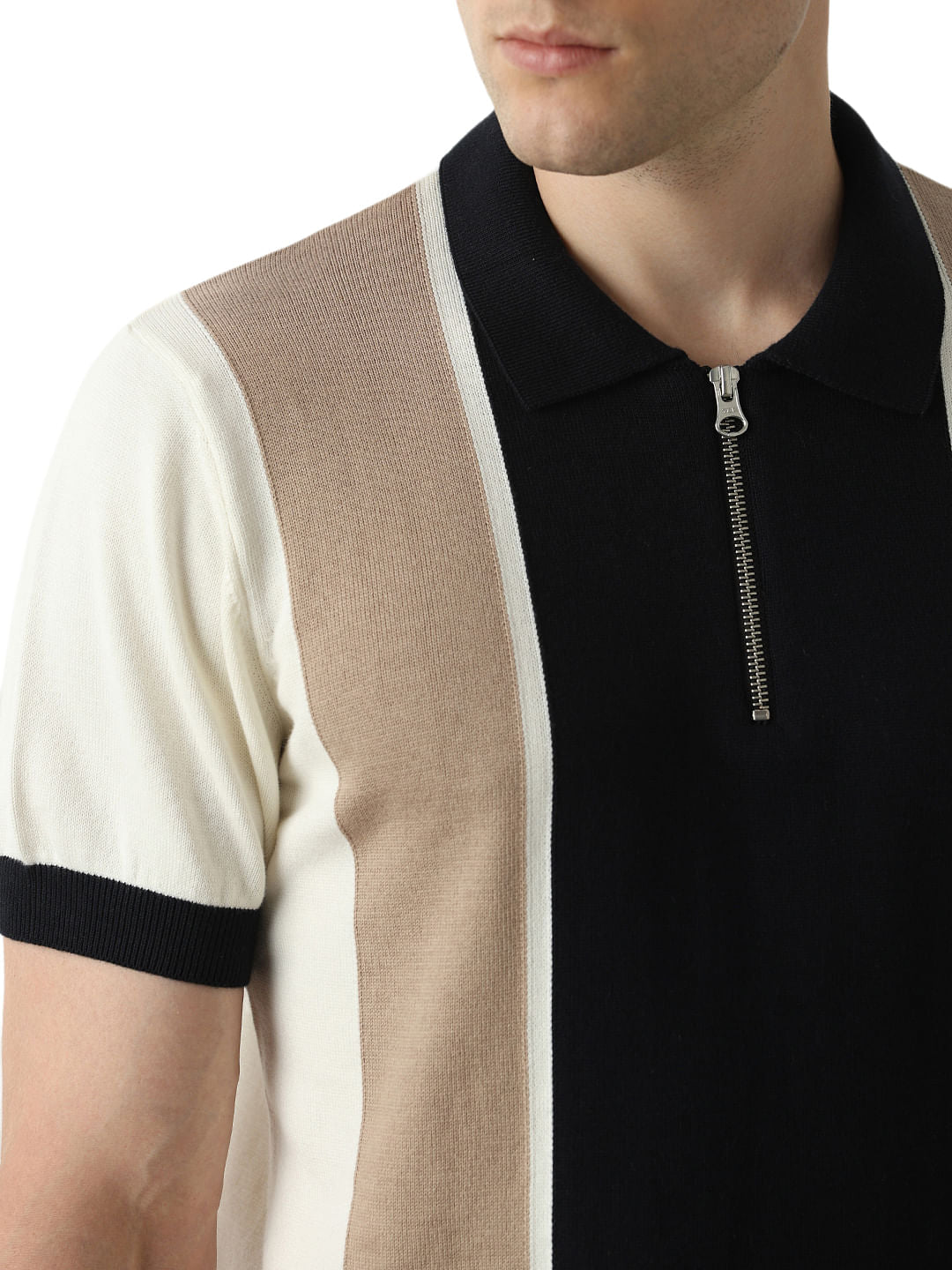 Beige Colourblocked Knitted Polo