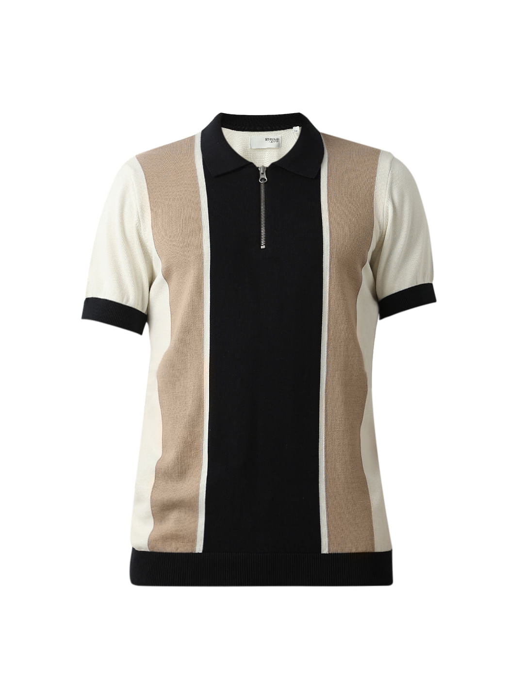 Beige Colourblocked Knitted Polo