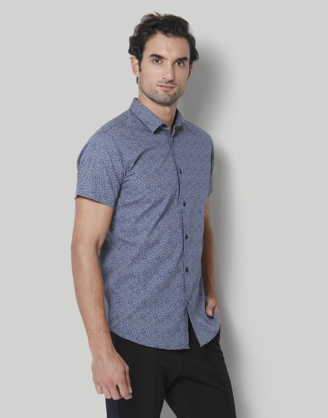 Blue Printed Short Sleeves Shirt