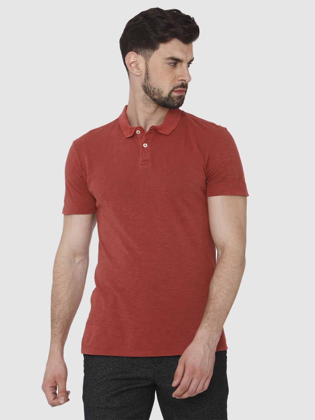 Red Overdyed Polo Neck T-Shirt