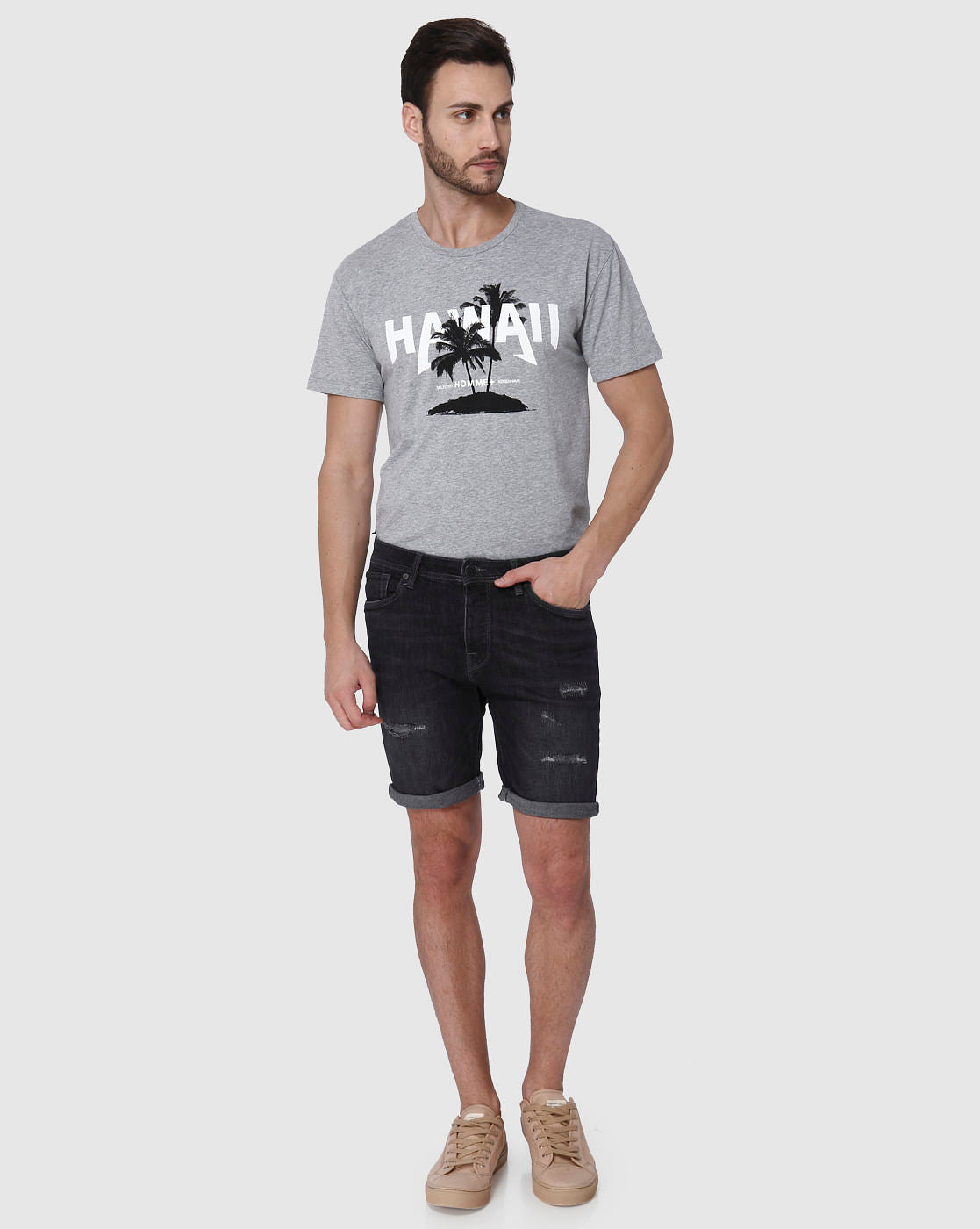 Grey Faded Ripped Denim Shorts