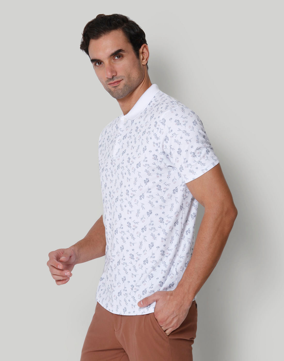White Floral Print Polo Neck T-Shirt