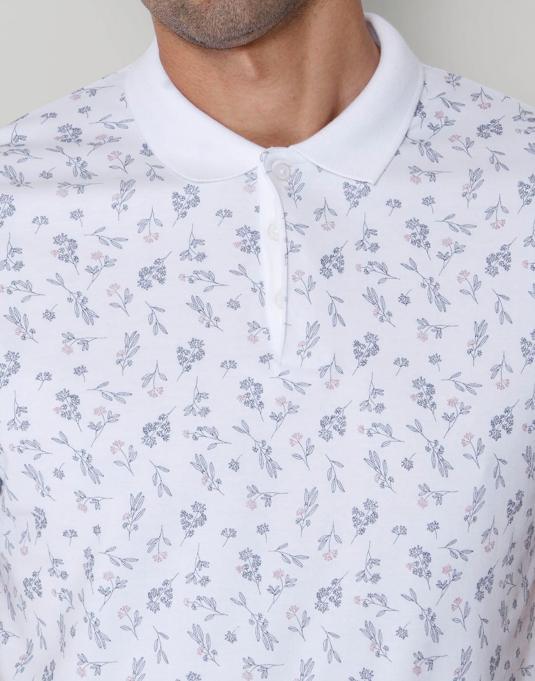 White Floral Print Polo Neck T-Shirt