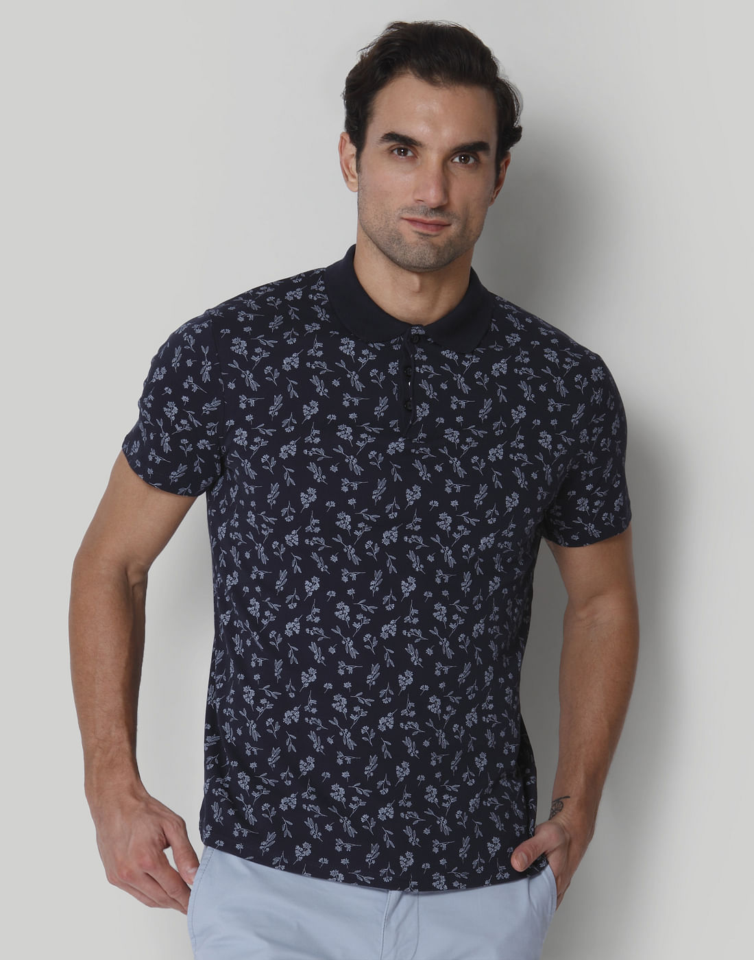 Blue Floral Print Polo Neck T-Shirt