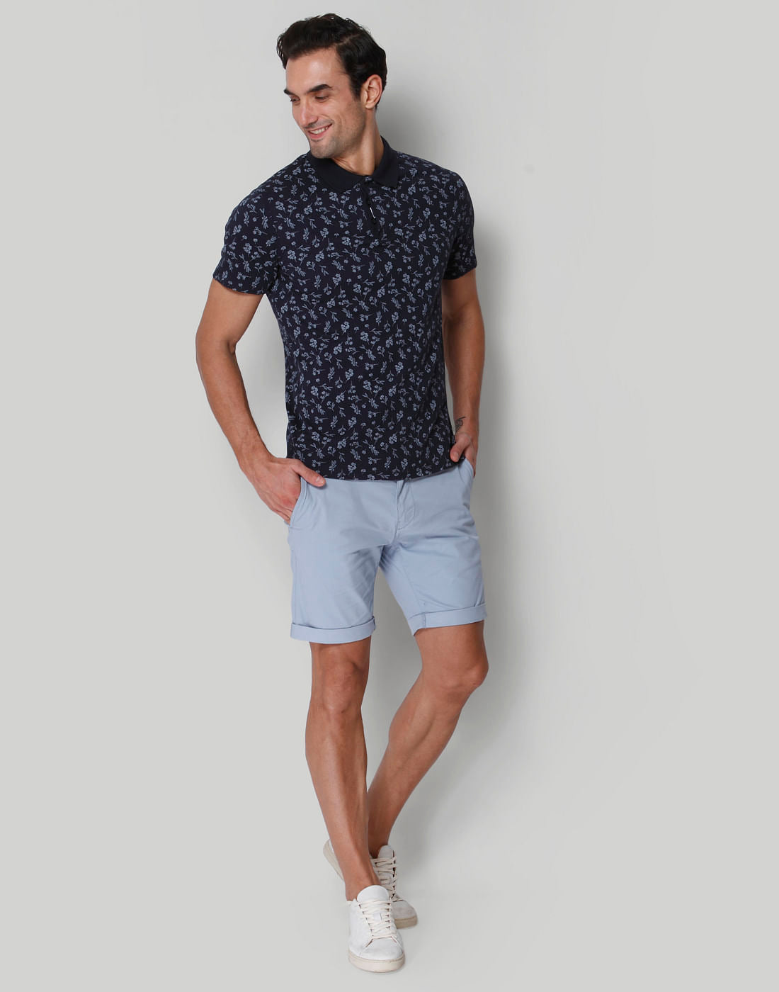 Blue Floral Print Polo Neck T-Shirt