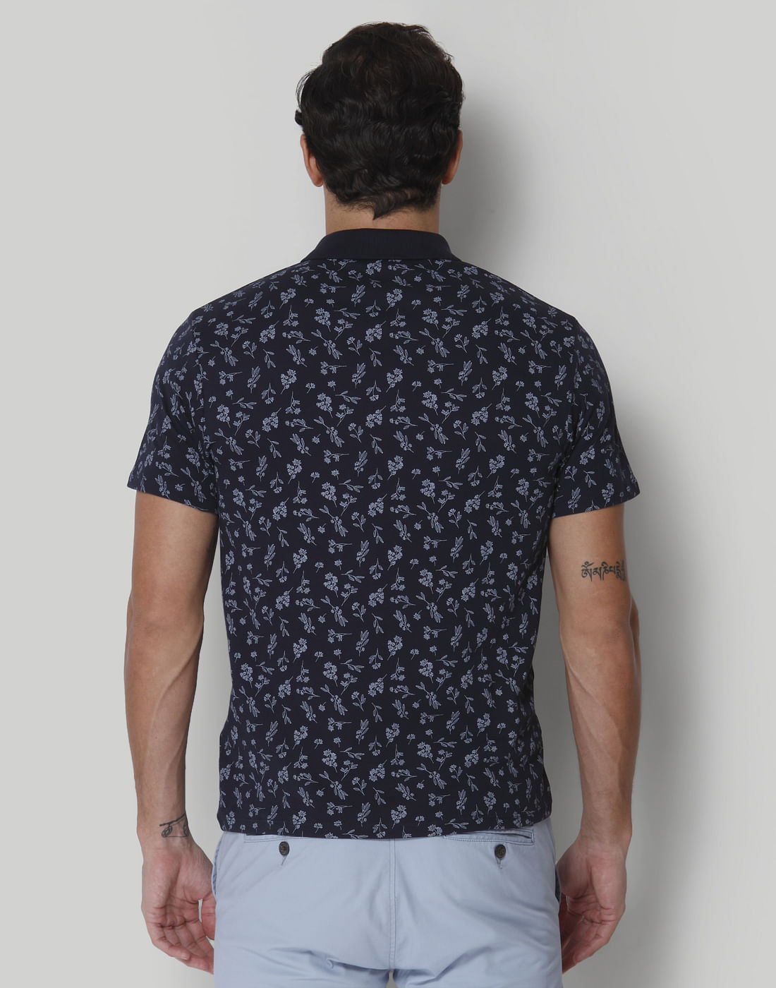 Blue Floral Print Polo Neck T-Shirt