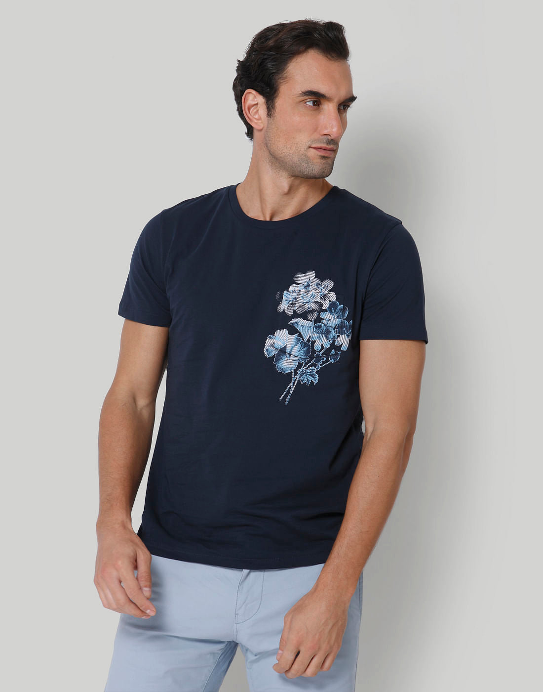 Blue Floral Print Crew Neck T-Shirt