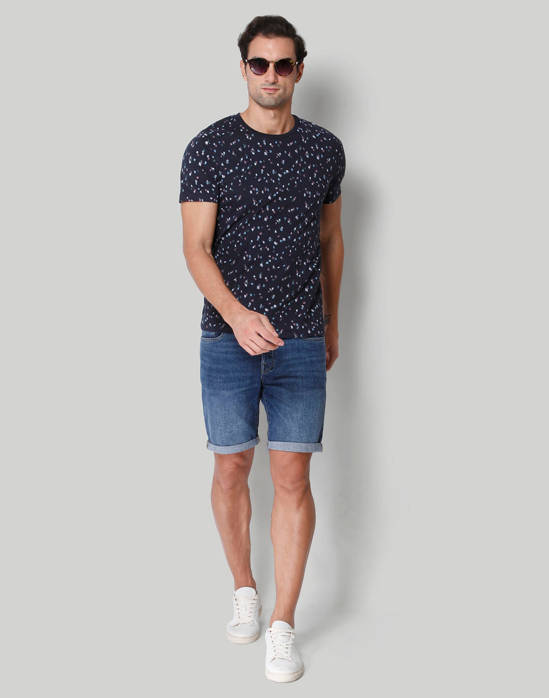 Blue Floral Print Crew Neck T-Shirt