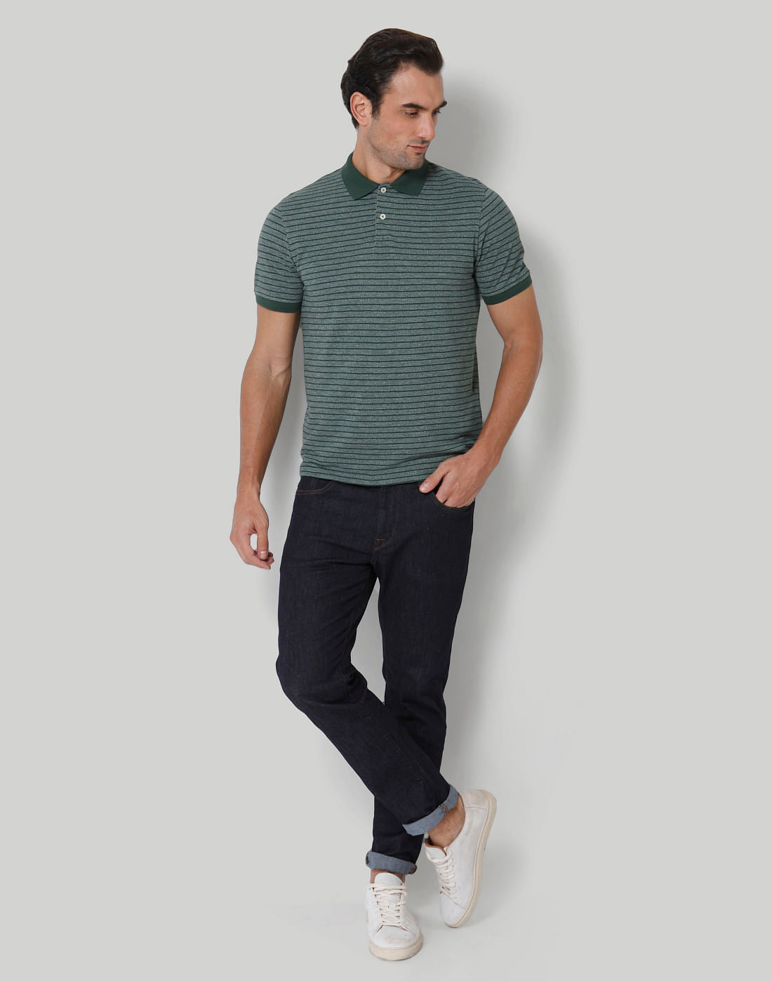 Green Striped Polo Neck T-Shirt