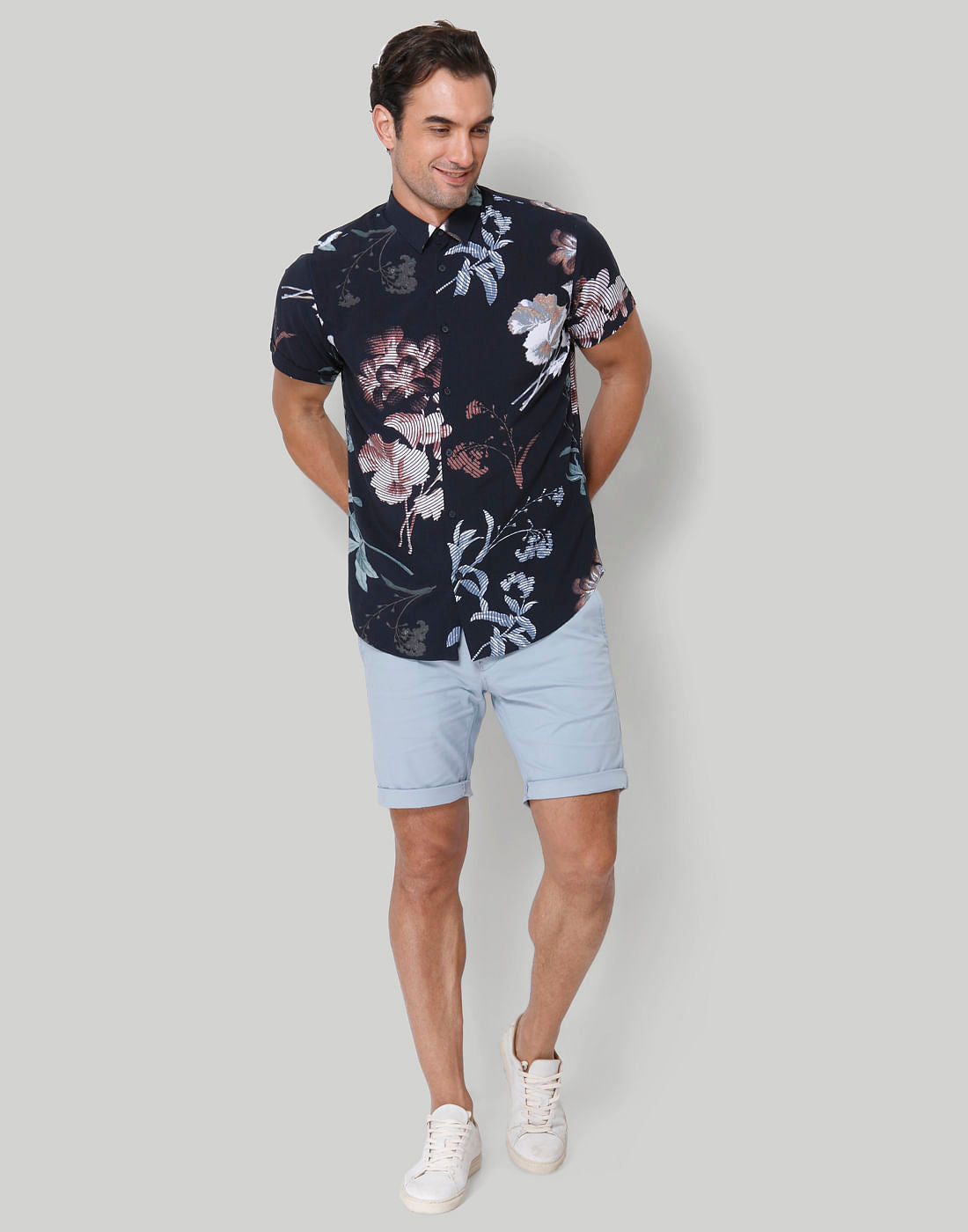 Dark Blue Printed Short Sleeves Shirt