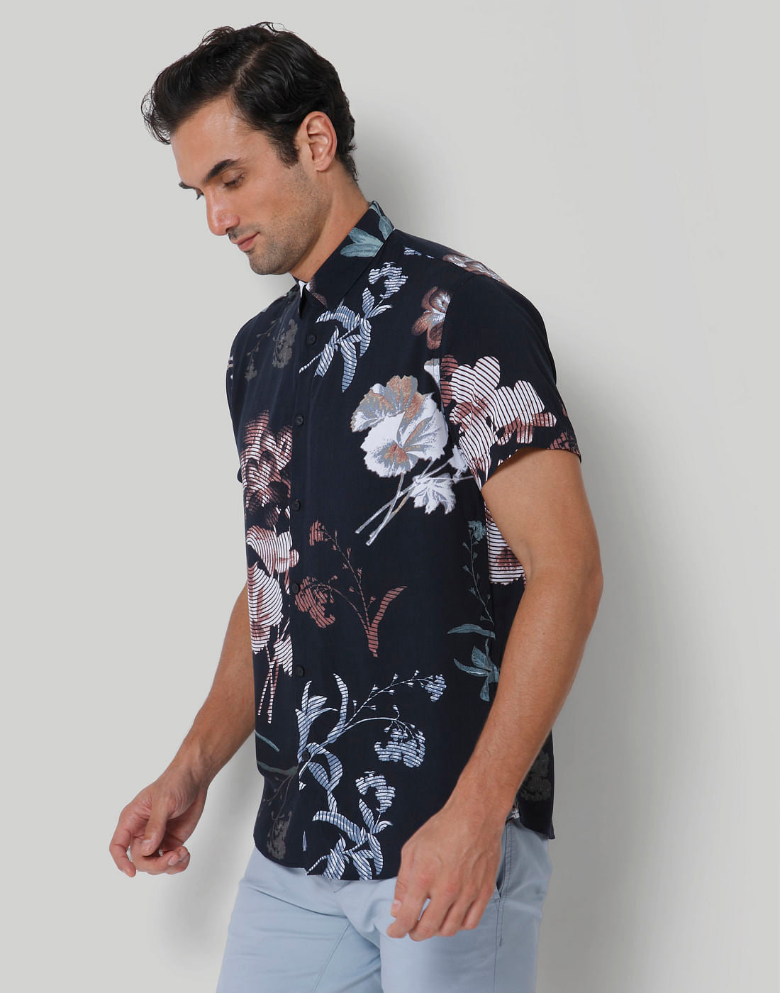 Dark Blue Printed Short Sleeves Shirt