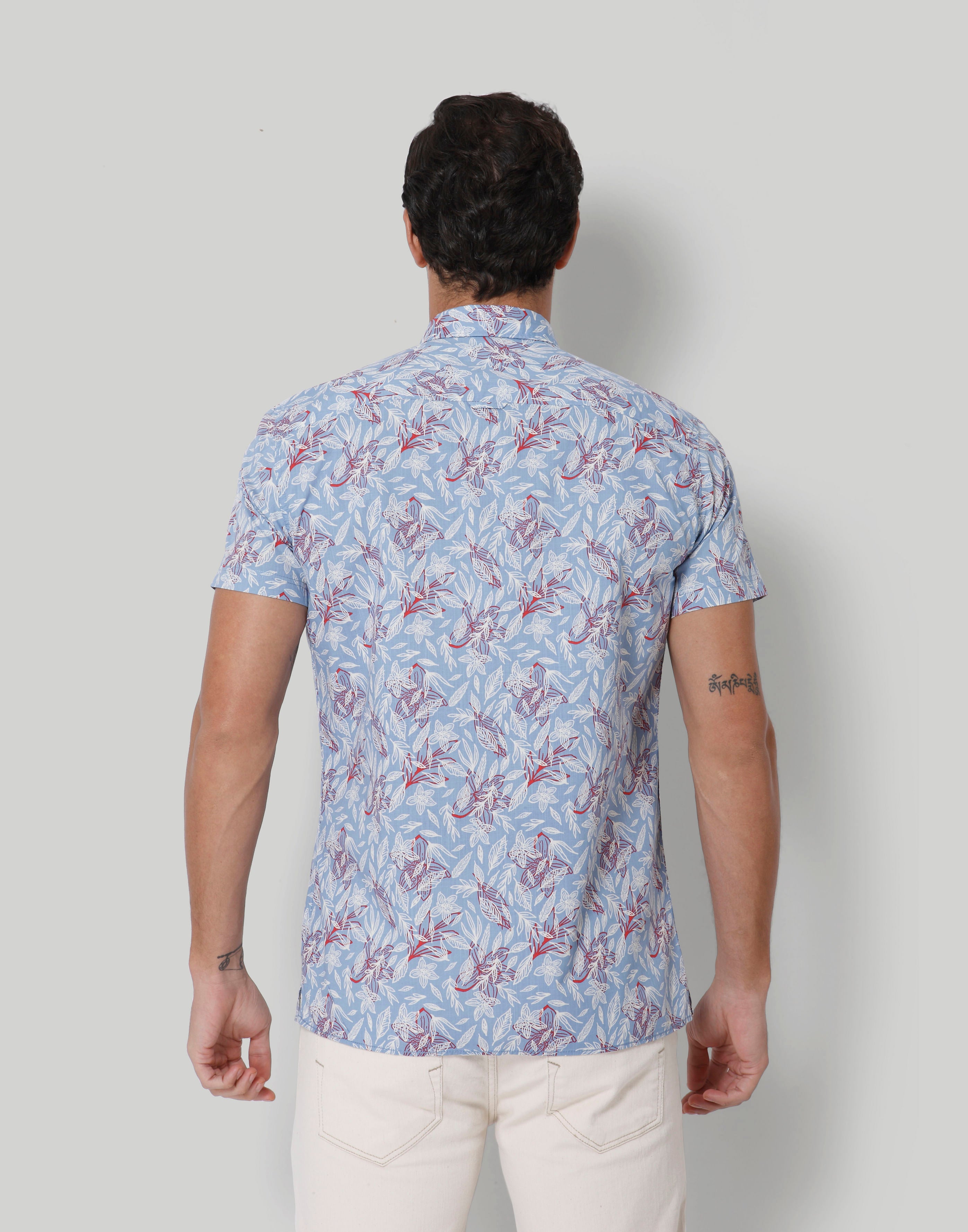 Blue Floral Print Short Sleeves Shirt