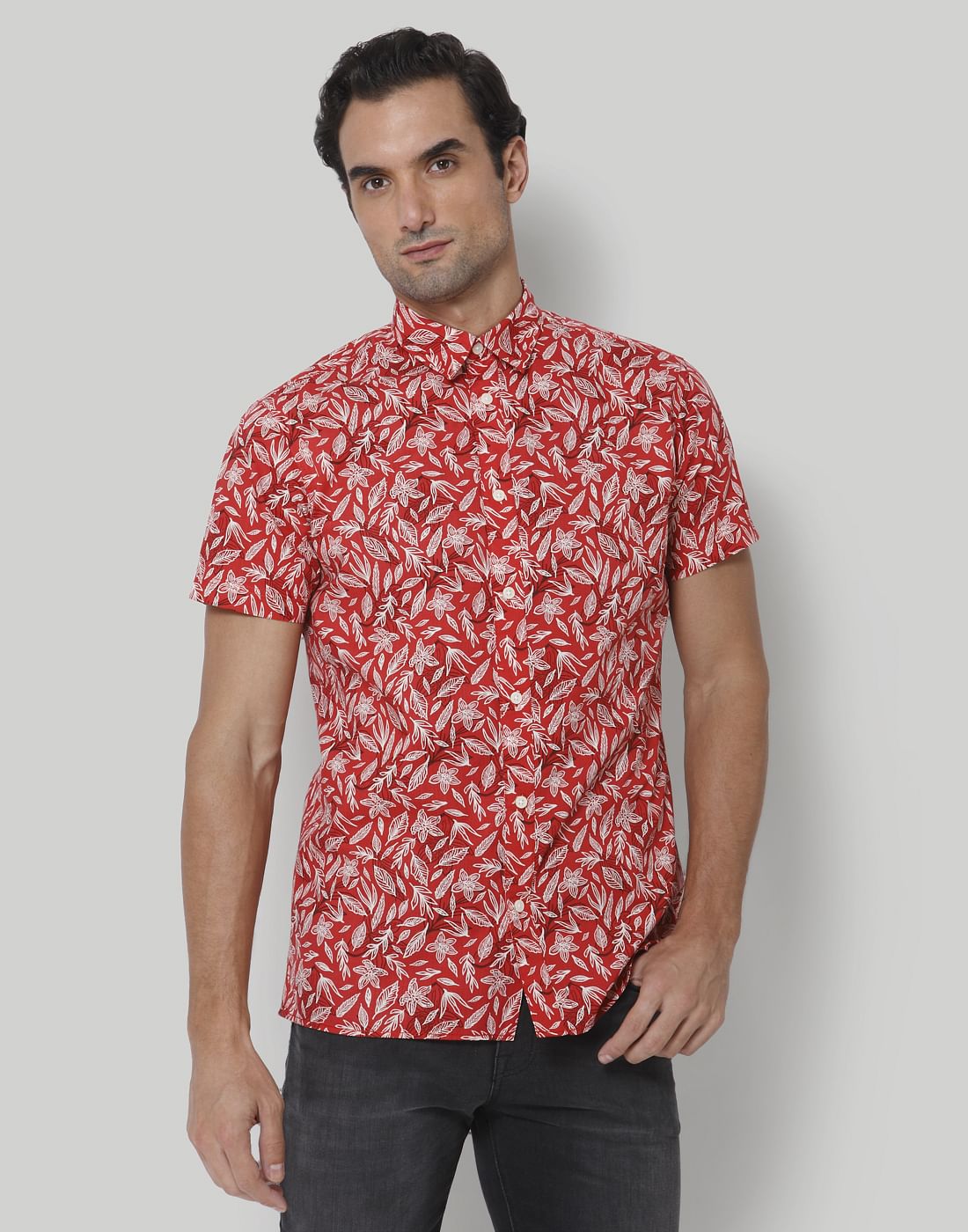Red Floral Print Short Sleeves Shirt