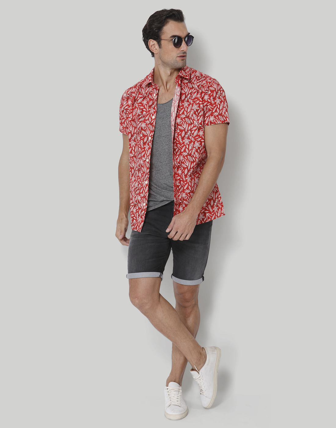 Red Floral Print Short Sleeves Shirt