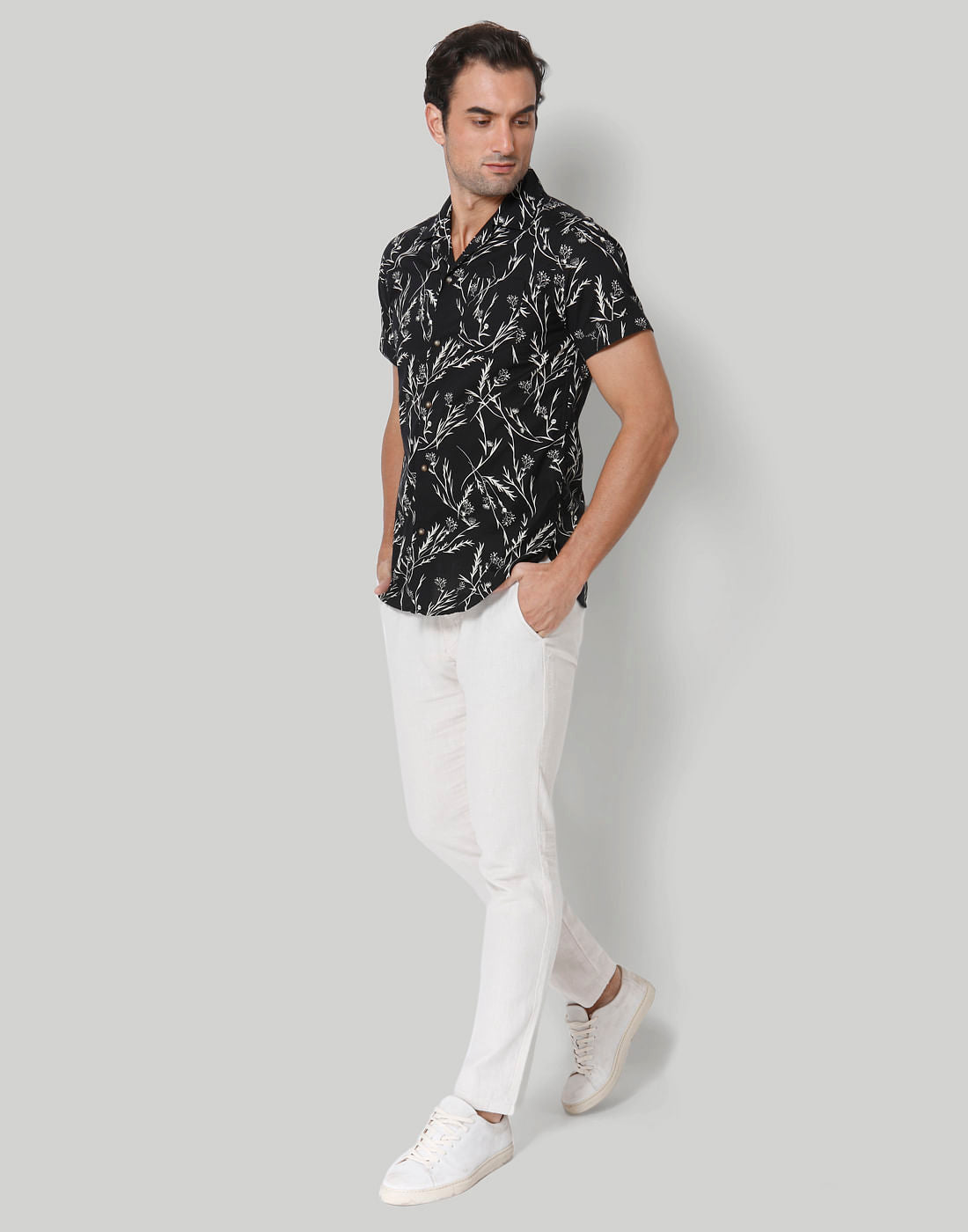 Black Floral Print Short Sleeves Shirt