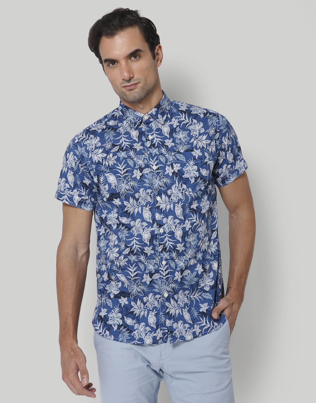 Blue Floral Print Short Sleeves Shirt