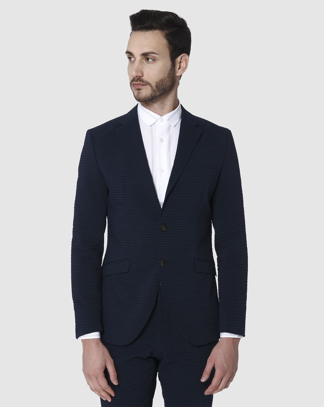Navy Blue Striped Slim Fit Blazer