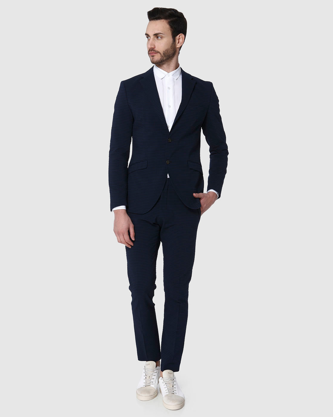 Navy Blue Striped Slim Fit Blazer