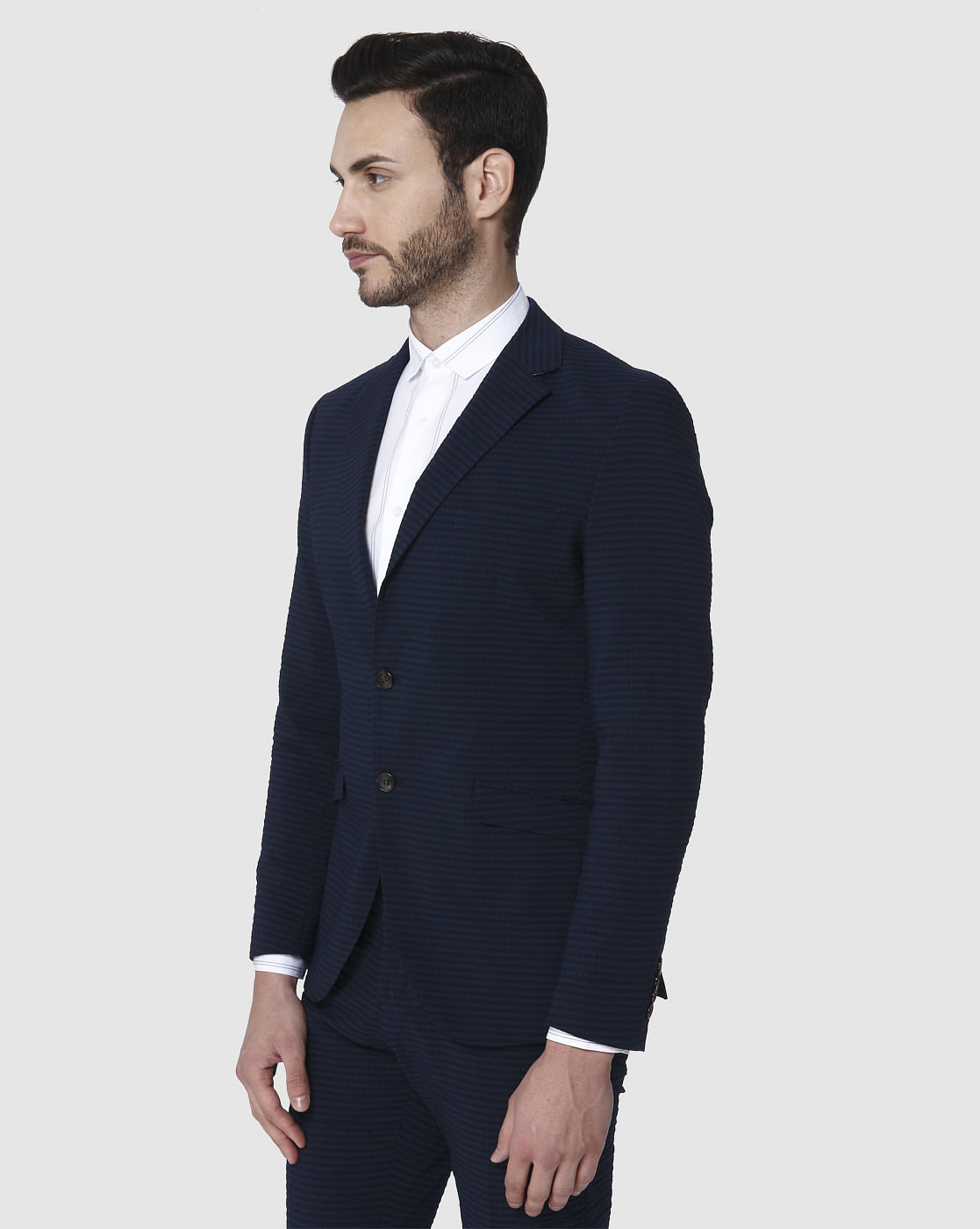 Navy Blue Striped Slim Fit Blazer