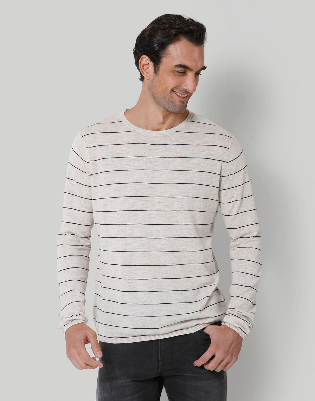 Beige Striped Crew Neck T-Shirt