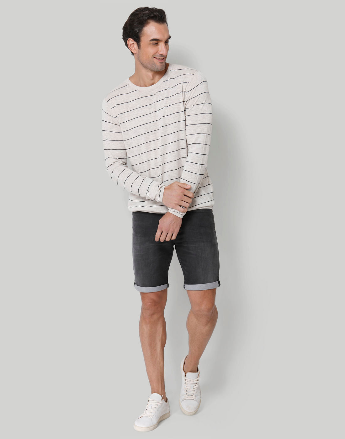 Beige Striped Crew Neck T-Shirt