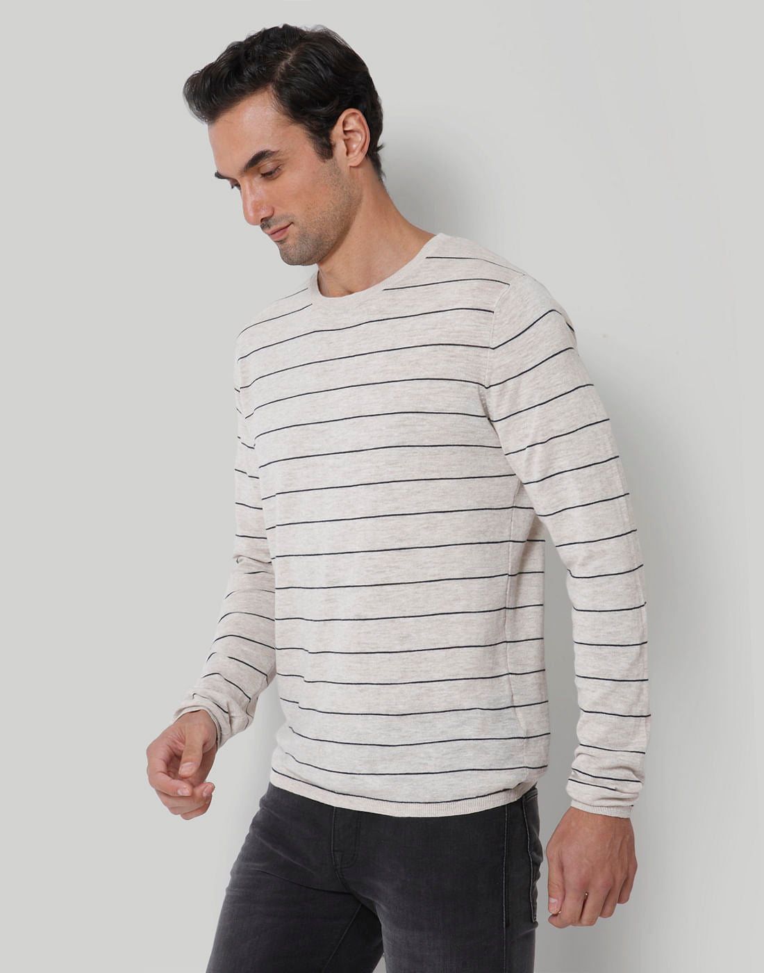 Beige Striped Crew Neck T-Shirt
