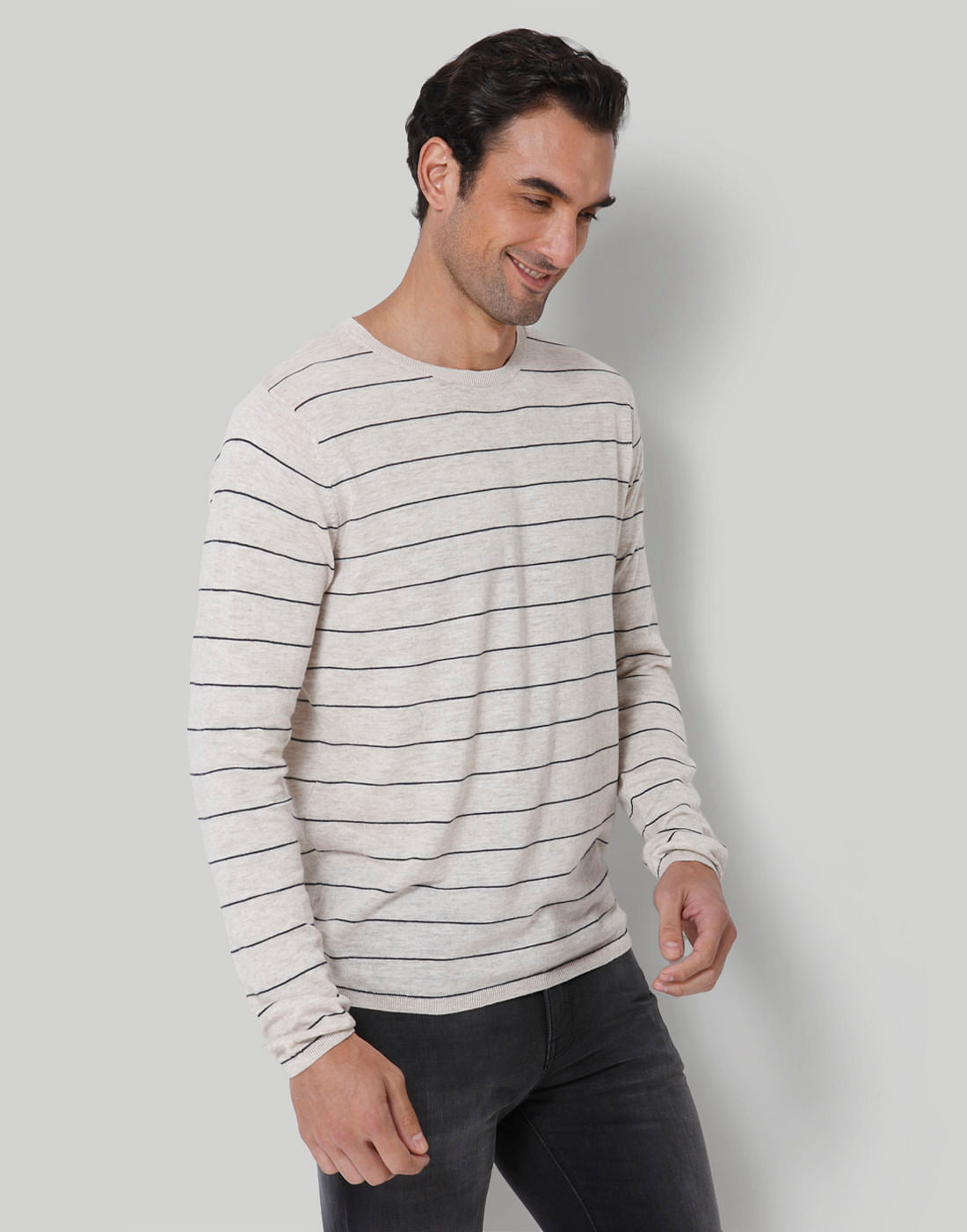 Beige Striped Crew Neck T-Shirt