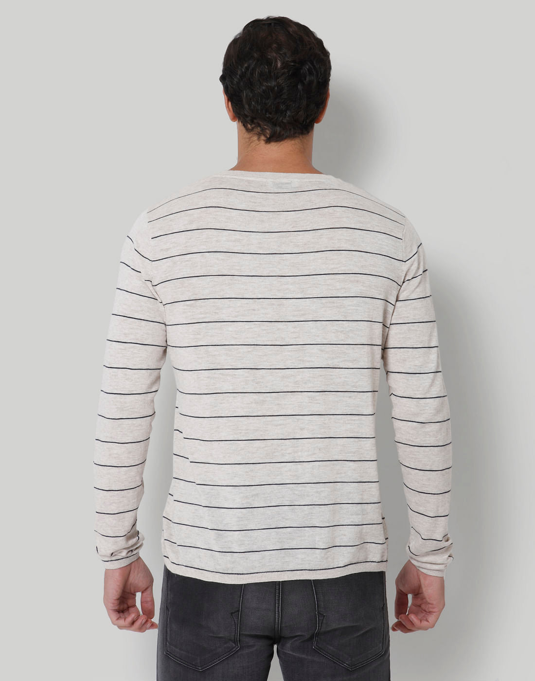 Beige Striped Crew Neck T-Shirt