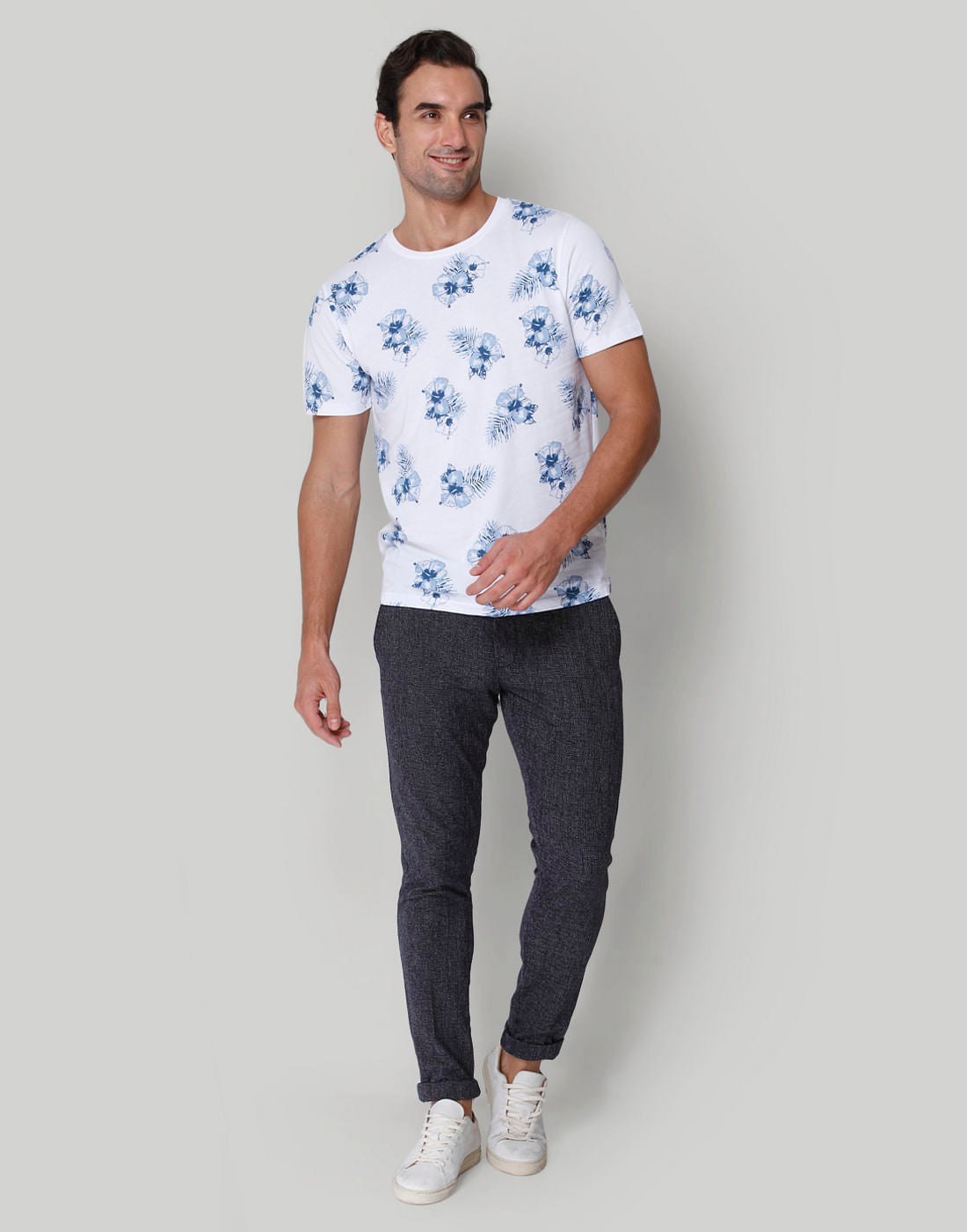 White Floral Print Crew Neck T-Shirt