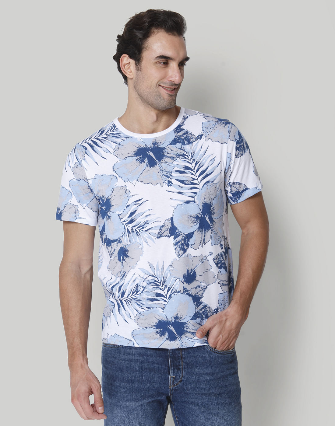 White Floral Print Crew Neck T-Shirt