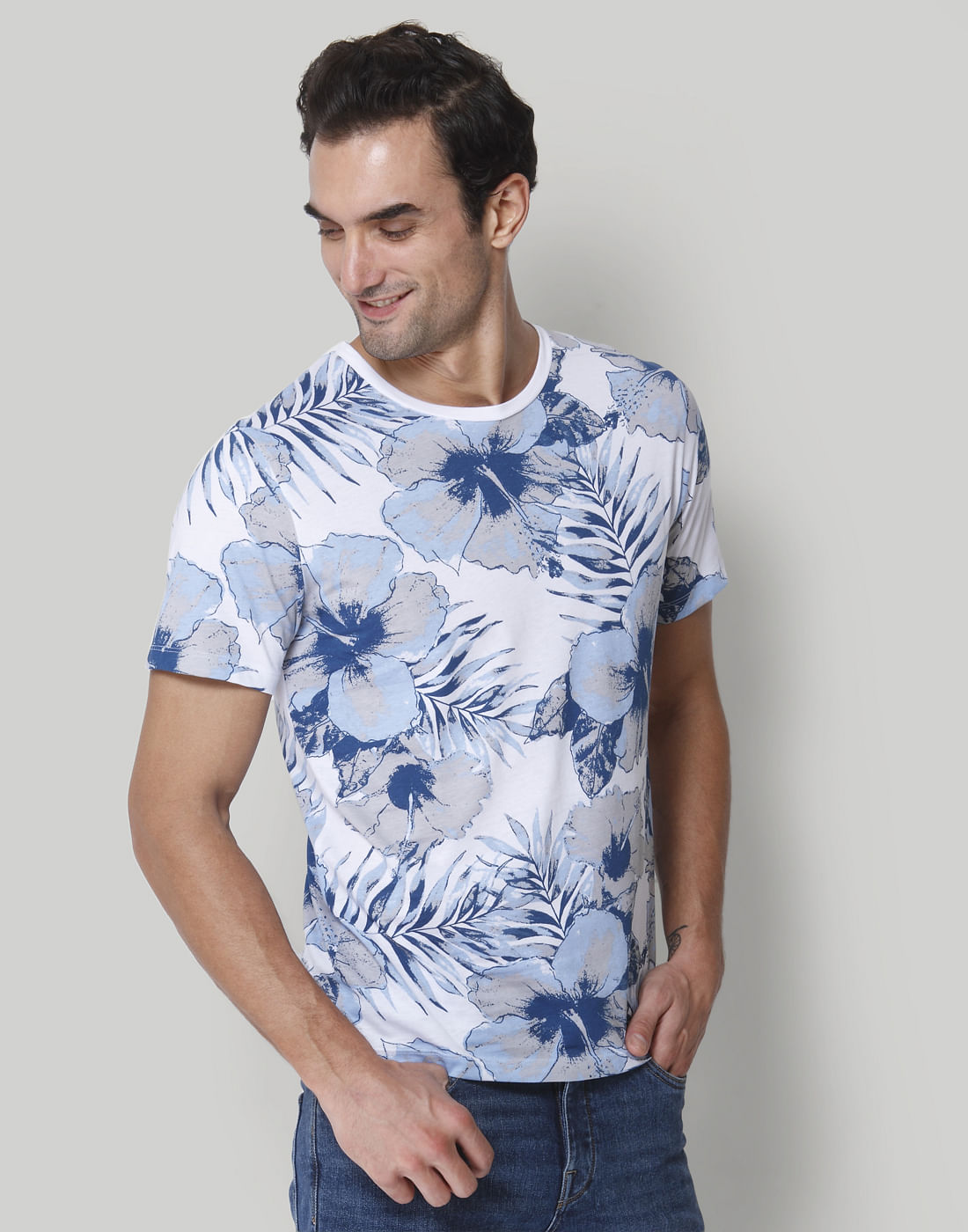 White Floral Print Crew Neck T-Shirt