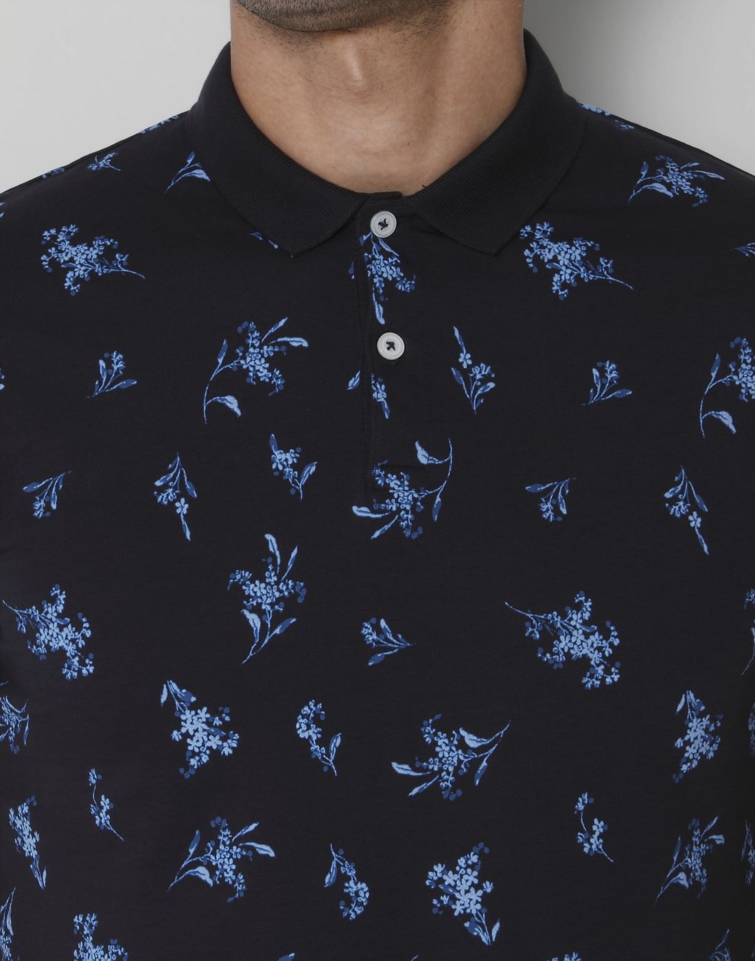 Black Floral Print Polo Neck T-Shirt