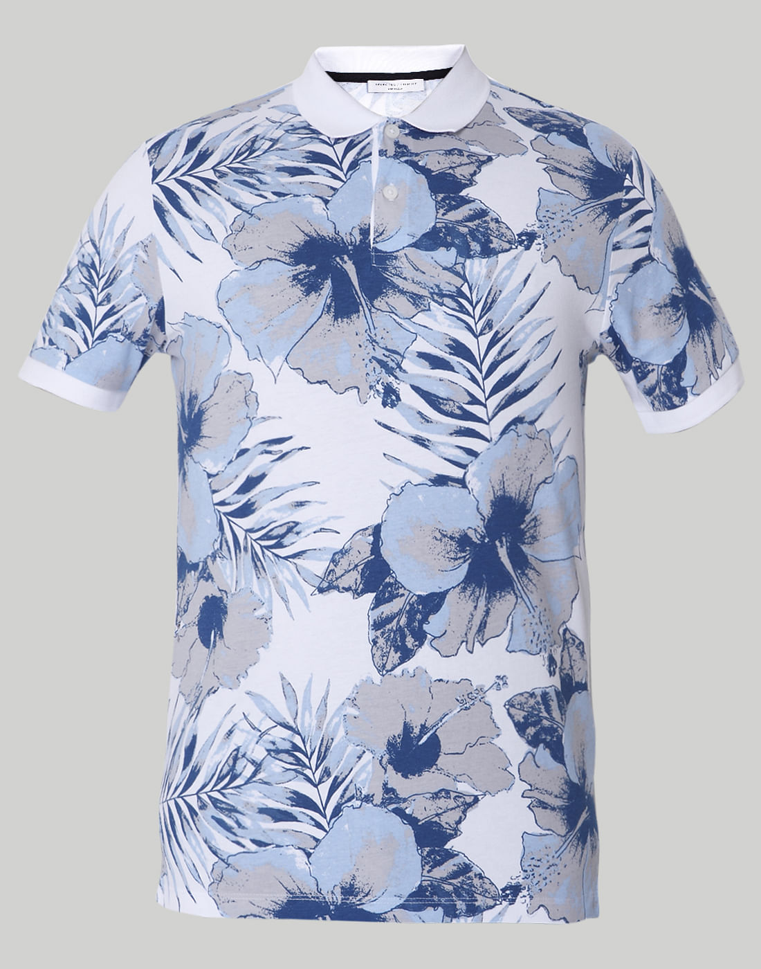 White Floral Print Polo Neck T-Shirt
